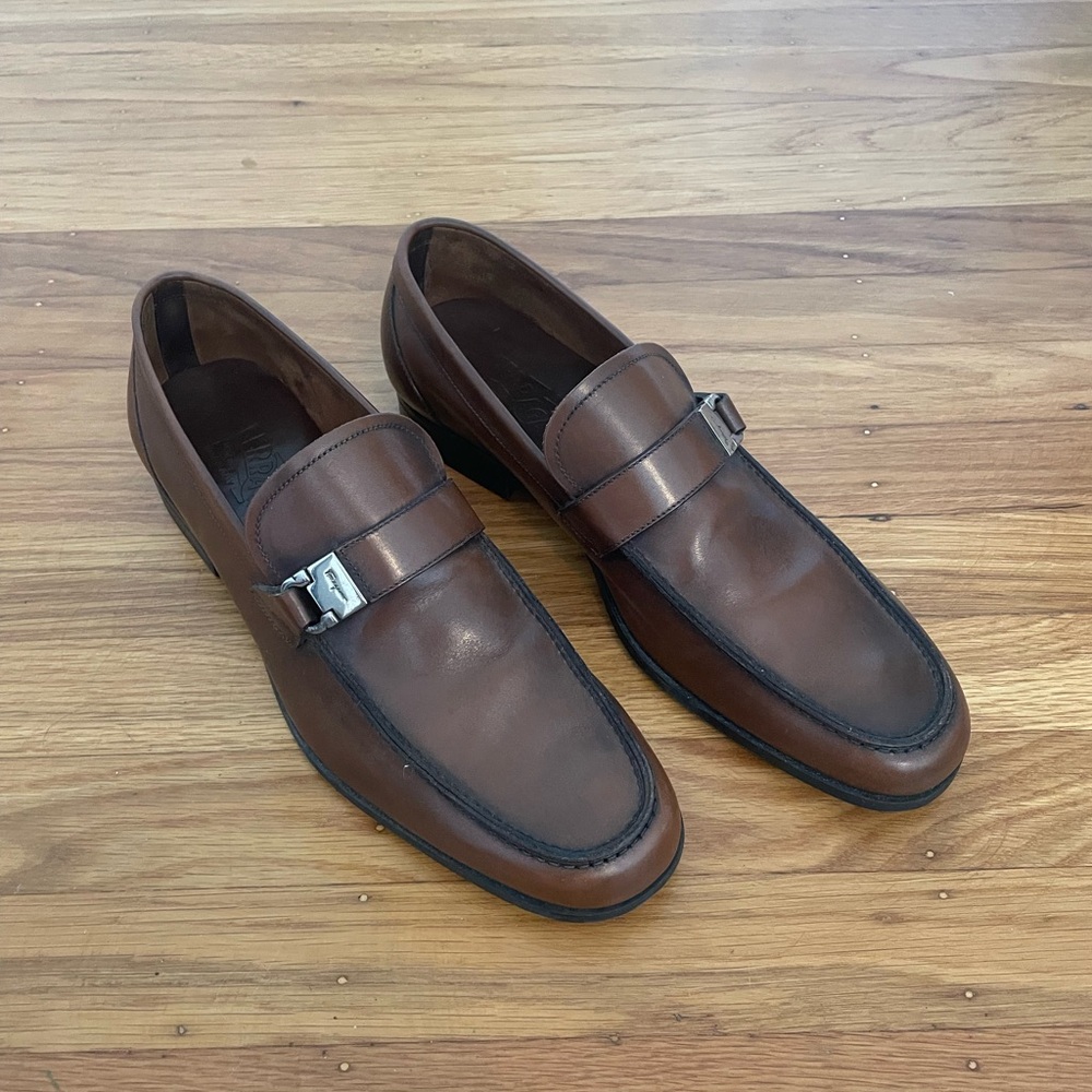 Men's Brown Leather Loafers with Buckle Accent